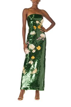 Monique Lhuillier Fall 2024 strapless, column gown in Juniper green sequins and 3D floral embroidery - front. Back Skirt, Column Gown, Floor Length Gown, Ready To Wear Collection, Monique Lhuillier, Knit Mini Dress, Fall 2024, Bridal Accessories, Floral Embroidery