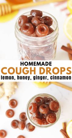 homemade cough drops with lemon, honey, ginger and cinnamon in a jar next to sliced lemons