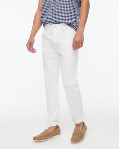 White Slim Fit Straight Leg Pants, Classic White Straight Fit Jeans, White Straight Fit Pants With Five Pockets, Classic White Straight Leg Jeans, Classic White Tapered Leg Jeans, White Straight Fit Bottoms With Five Pockets, Classic White Jeans, Classic White Slim Fit Jeans, White Classic Slim Fit Jeans