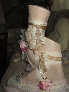 "Up for your consideration is a very pretty vintage Ballerina slipper bust. I have re painted some of it in a light pink chalk paint. I then decorated the shoes with binding, new and old jewelry pink pearls and paper roses. This is a one of a kind sculpture designed by \"Hit or Miss Treasures\". Measures 13.5\" H x 7.75\" W x 9\" D and is heavy. Lovely piece! Please zoom in on pics, for best description. Some paint loss and some small chips to base to side. Full of that vintage charm that we all Vintage Slippers, Pink Easter Decor, Womens March Signs, Antique Dress Form, Ballerina Decor, Weird Style, Vintage Ballerina, Pink Chalk, Ballerina Slippers