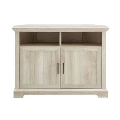 an entertainment center with two doors and one shelf on the bottom, in white wood