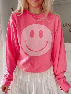 Hot Pink Happy Smiley Face Crewneck | Sassy Shortcake Boutique | sassyshortcake.com Hot Pink Smiley Face, Hot Pink Decor, Smiley Face Sweatshirt, Sassy Shortcake, Pink Smiley Face, Hot Pink Outfit, Pink Smiley, Cute Smiley Face