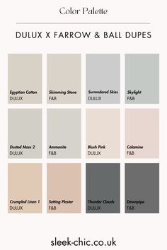 Make sure you bookmark this post for later, it is the ultimate guide to the Dulux dupes of Farrow and Ball colours covering their most popular shades. So, let’s help you achieve that perfect F&B interior on a budget… Shaded White Farrow And Ball Bedroom, Good Home Paint B&q, Dulux Colour Schemes Bedrooms, Dulux Bathroom Paint Colours, Farrow And Ball Bathroom Colours, Dulux Interior Paint Colours, Colour Palette For Living Room, Farrow And Ball Colour Schemes, Dulux Bedroom Colours