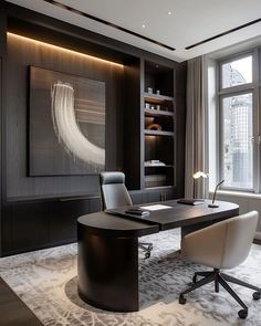 an office with a desk, chair and bookcase in front of a large window