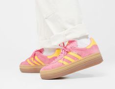 Adidas Forum High Pink, Gucci Pink Adidas, Adidas Gazelle Super Pop, Adidas Nizza Platform Yellow, Pink And Yellow Gazelle, Pink And Yellow Shoes, Yellow Sporty Skate Shoes With Contrast Sole, Adidas Yellow Leather Sneakers, Adidas Skate Shoes With Contrast Sole