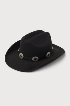 Show up to any festival this season like a total cowgirl cutie with the Lulus Wild West Wonder Black Conch Cowboy Hat! This rodeo-ready hat has a sturdy felt construction that shapes a dramatic flipped-up brim and a classic pinched top. A matching, smooth faux leather band features silver metal conch embellishments that complete the Western-style look! 3. 25" soft brim. 25" interior circumference with internal drawstring. Crown measures 4. 25" tall. 90% Polyester, 10% Alloy. Imported. Lulus | Wild West Wonder Black Conch Cowboy Hat. Western Black Felt Hat For Ranch, Black Western Top Hat For Rodeo, Western Black Costume Hats For Festivals, Black Western Costume Hats For Festivals, Western Black Hat Band For Western-themed Events, Western Black Fedora For Western-themed Events, Black Western Fedora For Western-themed Events, Black Western Top Hat For Ranch, Western Style Black Fedora For Western-themed Events