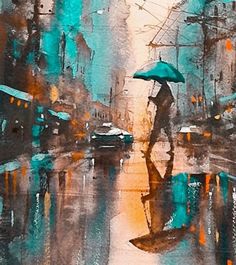 a painting of a person with an umbrella walking in the rain on a city street