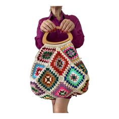 Granny spuare crochet begie  Tote Bag with Wooden Handles in.Color cotton with lining Bag With Wooden Handles, Crochet Tote Bag, Crochet Mandala, Cotton Gifts, Crochet Tote, Retro Chic, Crochet Motif, Simple Patterns, Wooden Handles