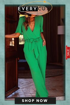 Bright Green Wrap V Neck Belted Elegant Jumpsuit Casual Belted V-neck Jumpsuits And Rompers, Chic Green V-neck Jumpsuit, Green V-neck Jumpsuit For Work, Summer Green Belted Jumpsuits And Rompers, Green Belted Jumpsuits And Rompers For Summer, Spring Belted Jumpsuits And Rompers For Day Out, Spring Green V-neck Jumpsuits And Rompers, Green V-neck Jumpsuits And Rompers For Spring, Chic Green Spring Jumpsuits And Rompers