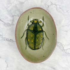 a green plate with a bug painted on the side and yellow dots in the middle