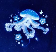 a blue jellyfish floating in the water with stars and bubbles on it's back