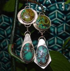 Handmade Sterling Silver Earrings  Natural Hubei Turquoise & Desert Bloom Variscite Hubei Turquoise, Desert Bloom, Handmade Sterling Silver, Metal Jewelry, Sterling Silber, Elegant Style, Sterling Silver Earrings, Jewelry Earrings Dangle, Hippie Boho