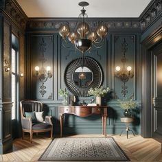 a room with green walls and wooden flooring, chandelier above the table