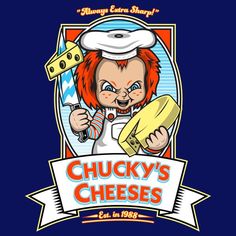 the logo for chucky's cheeses is shown on a blue background with an image of a cartoon character