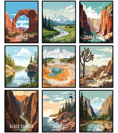 four different posters with mountains and trees on them, each featuring the names of various national parks