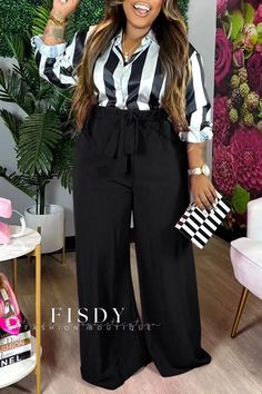 Fisdy - Tallas grandes Conjunto de dos piezas con estampado de rayas verde y cuello vuelto Plus Size Business Attire, Pattern Outfits, Plus Size Fashionista, Long Green Dress, Look Plus Size, Business Outfits Women, Stylish Work Attire, Shoes Outfit, Classy Dress Outfits