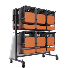 an orange and black rack with six chairs on it's sides, all stacked up