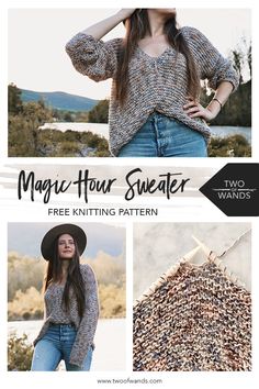 a woman wearing a hat and sweater with the text magic hour sweater free knitting pattern