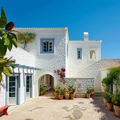 a white house with potted plants in the courtyard