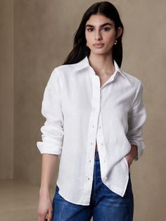 The Classic Linen Shirt | Banana Republic Classic White Button Down Shirt Women, Timeless Summer Tops With Spread Collar, Timeless Button-up Shirt For Summer, Timeless Button-up Summer Shirt, Timeless Summer Shirt With Spread Collar, Classic Linen Top With Spread Collar, Classic Linen Tops With Spread Collar, Timeless Relaxed Fit Tops With Button Closure, Classic Unstructured Linen Tops