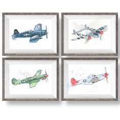 four watercolor paintings of airplanes are hanging on the wall