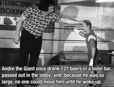 a man standing next to a little boy in front of a sign that says, and the giant one drank 122 beers in a hotel bar, passed out in loby, and