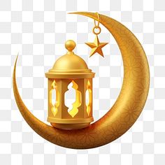 a golden lantern on the moon with stars and crescent, transparent background png clipart