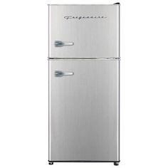 a silver refrigerator freezer sitting on top of a white wall with the word congratulate written in cursive writing