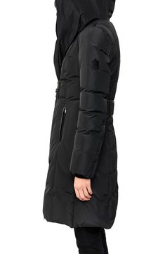 A smoother silhouette and leather-piped edges streamline the shape of a water-resistant down coat styled with a face-framing collar and a cozy hood. 36" length (size Medium) Front zip closure Inner bib with zip closure Attached toggle hood Ribbed storm cuffs Front welt pockets; internal zip pocket Lined, with 90% duck down, 10% feather fill 100% polyester Dry clean Imported Women's Clothing Luxury Winter Travel Outerwear, Fitted Black Travel Outerwear, Fitted Black Outerwear For Travel, Down Outerwear With Detachable Hood For Travel, Travel Outerwear With Detachable Hood In Down, Travel Down Outerwear With Detachable Hood, Travel Outerwear With Detachable Hood, Fitted Down Parka With Detachable Hood, Luxury Down Outerwear With Double-lined Hood