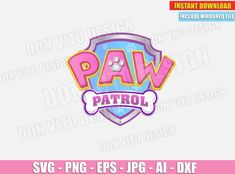 the paw patrol logo is shown in pink and blue