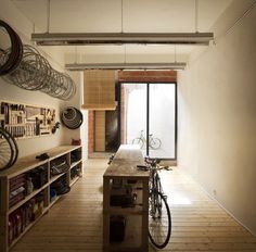 a bike is parked in the middle of a room