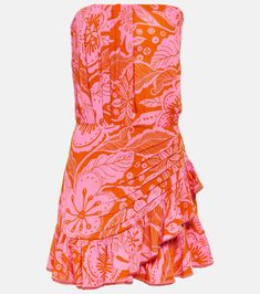 Ambra strapless floral minidress in pink - Poupette St Barth | Mytheresa Pink Floral Print Strapless Dress For Beach, Pink Strapless Beachwear Dress, Pink Floral Print Strapless Dress For Vacation, Orange Strapless Dress With Floral Print, Strapless Orange Dress With Floral Print, Pink Floral Strapless Summer Dress, Floral Print Rayon Mini Dress, Summer Viscose Mini Dress, Summer Floral Print Mini Dress In Viscose