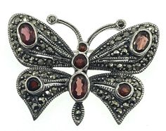 Sterling Silver Garnet & Marcasite Butterfly Papillon Brooch Fancy Pin Elegant Butterfly Brooch, Elegant Butterfly Brooches For Collectors, Elegant Butterfly Brooch For Collectors, Elegant Collectible Butterfly Brooches, Garnet, Jewelry Collection, Sterling Silver, Silver