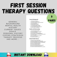 Kickstart your therapy sessions with confidence using our Simple 150 First Session Therapy Questions. This comprehensive collection of questions is carefully categorized to cover all essential areas, ensuring you gain a holistic understanding of your clients from the very first session. Organized for ease of use and quick reference, this tool is perfect for therapists, counselors, and mental health professionals. Key Features: Comprehensive Collection: 150 thoughtfully curated questions to guide your first session. Categorized for Convenience: Questions are neatly organized into 15 essential categories. Easy to Use and Search: User-friendly format for quick reference and seamless session flow. Professional Quality: Enhance your initial assessments and client interactions with targeted ques First Therapy Session Activities, Therapy First Session, Questions Therapists Ask, Final Therapy Session Activities, First Therapy Session Questions, Therapy Questions, Mental Health Assessment, Psychological Well Being, Personal History