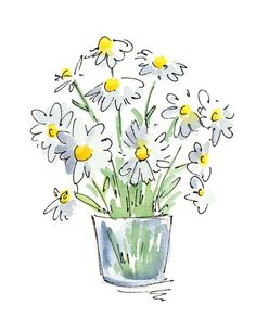 a watercolor drawing of daisies in a vase