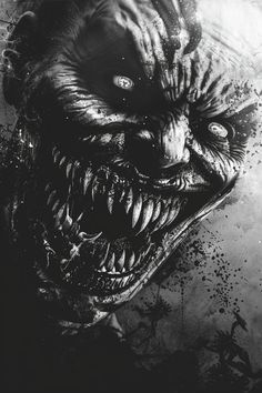 an evil clown with large teeth and fangs