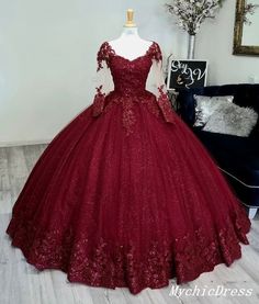 Red Long Sleeve Quince Dress, Long Sleeve Quinceanera Dresses Red, Red Quinceanera Dresses Sleeves, Quincenera Dresses Long Sleeve, Quince Dresses With Long Sleeves, Long Sleeve Sweet 16 Dress, Quincenera Dresses With Long Sleeves, Red Quinceanera Dresses Long Sleeve, Burgundy Quinceanera Dresses Long Sleeve