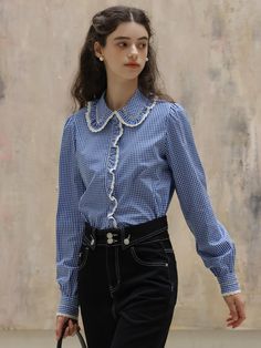 Editor's NotesDUNDROP displays timeless and classic styles with feminine details- Feminine blouse- Lace detail at the placket and collar- Plaid pattern- Puffed shoulderMeasurements(in.)Size: S / M- Length: 23.6 in. / 24.0 in.- Bust: 42.1 in. / 43.7 in.- Shoulder: 15.0 in. / 15.4 in.- Hem circumference: 44.1 in. / 45.7 in.- Sleeve: 24.8 in. / 25.2 in.* Model info: height 5' 7, Fitting size SComposition & Care- 100% cotton- Hand wash or dry cleaningDesigner- by DUNDROP Classic Button-up Top With Contrast Collar, Classic Tops With Detachable Collar For Work, Ruffled Collar Workwear Top With Button Closure, Workwear Tops With Button Closure And Ruffled Collar, Elegant Fall Blouse With Striped Collar, Ruffled Collar Tops With Button Closure For Work, Fitted Blouse With Detachable Collar For Workwear, Collared Office Lady Shirt For Fall, Classic Shirt With Ruffled Collar For Office