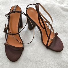 Shein Summer Sale : New In Box Brown Strappy Heeled Sandals Sz 41. Fits Us9 Eu41 Cn41. Brown Sandals With 4-inch Heel For Party, Brown Strappy Heels, Brown 4-inch Strappy Heels, Brown Synthetic Ankle Strap T-strap Sandals, Black Dress With Heels, Shein Summer, White Platform Sandals, Shein Shoes, Brown Synthetic Heels With 4-inch Heel