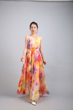 Chiffon Orange Flower Long Party Dress Evening Wedding Lightweight Sundress Summer Holiday Beach Dress Bridesmaid Dress Maxi Skirt Detail Info: ❤ Color: Orange flower as picture More color choice link: https://www.etsy.com/listing/213656440/chiffon-dress-color-card?ref=shop_home_feat_1 you just note the color you want with order, we will make according to your note. ❤ Material: Chiffon ❤ The dress doesn't limit the chest size and waist size, arm hole 45cm (if your upper arm circle circumference Summer Wedding Chiffon Dress, Elegant Multicolor Floral Dress For Summer, Fitted Floor-length Chiffon Dress For Summer, Fitted Floor-length Chiffon Summer Dress, Spring Beach Chiffon Dress In Georgette, Chiffon Floral Dress For Summer Party, Summer Floral Chiffon Dress For Party, Summer Chiffon Floral Dress For Party, Summer Style Floral Chiffon Dress For Party