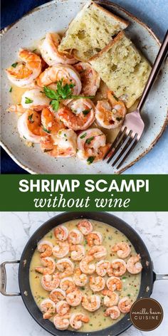 shrimp scampi without wine in a skillet with bread