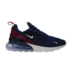 The women’s Air Max 270 ‘Blue Void’ is clad in a mesh upper finished in a straightforward navy hue, accented by subtle pops of coral on the Swoosh and outsole. A rich violet hue on the heel wrap is complemented by a gradient navy finish on the voluble Air sole unit at the heel, delivering the sort of responsive cushioning only hinted at by design antecedents like the Air Max 180 and 93. Air Max 180, Nike Air Max 270, Air Max 270, Air Max, Nike Air Max, Nike Air, Violet, Coral, Mesh