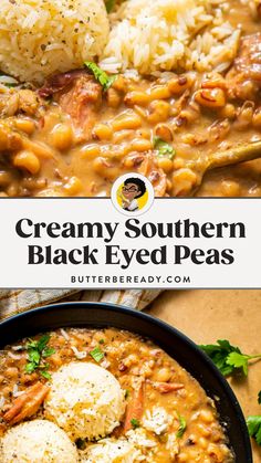 creamy southern black eyed peas with rice and parmesan cheese in a skillet