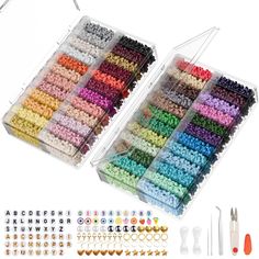 two clear boxes filled with lots of different colored beads and scissors next to each other