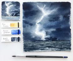 watercolors and ink are being used to create an image of a lightning storm