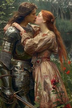 a painting of two people in armor kissing each other