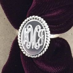 Initials should be given in order: Personalized items are not returnable. FIRST NAME LAST NAME MIDDLE OR MAIDEN NAME Comes in Gift Box. Beautiful Monogrammed .925 Sterling Silver (not plated) Available in Interlock Monogram Font as in main picture. Ring Face Is 3/4 Inch by 1/2 Inch. Great gift for a special family member or friend! Silver Diamond Jewelry, Silver Monogram, Monogram Ring, Monogram Jewelry, Diy Rings, Layered Jewelry, Monogram Fonts, First Name, Personalized Initials