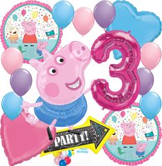 peppa the pig 3rd birthday party supplies including balloons, streamers and balloon decorations