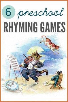 the book cover for 6 preschool rhyming games with an image of a cat playing violin