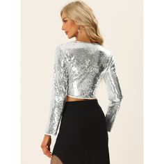 Allegra K Women's Long Sleeve V Neck Sparkly Shiny Party Blouses Silver X-large : Target Shiny Crop Top, Party Blouses, Silver Shirt, Party Blouse, Sparkly Top, Halloween Long Sleeve, Sequin Crop Top, Long Sleeve Sequin, Women's Blouses